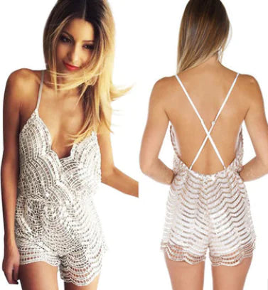 Silver Sequin Backless Bodysuit with Shorts Set